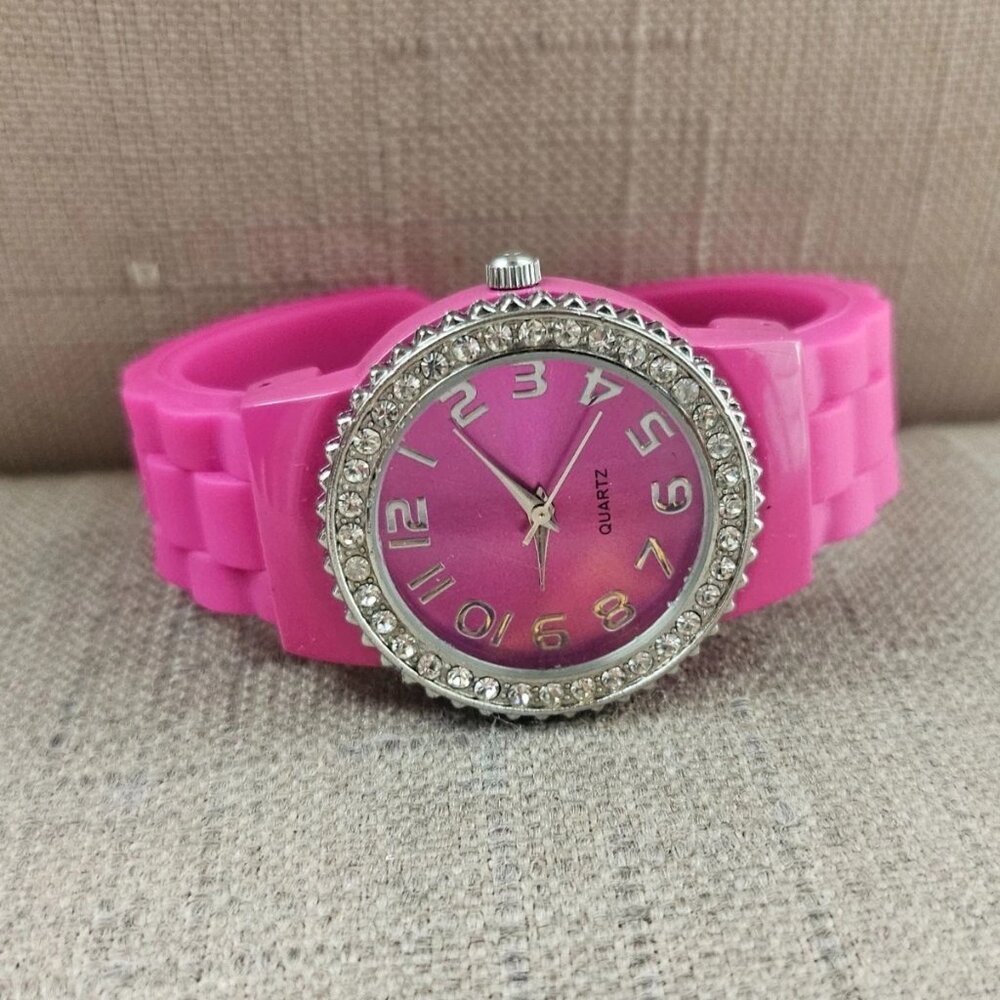 Accutime Women Wristwatch Pink Rubber Cuff Band Quartz Analog Wrist Watch